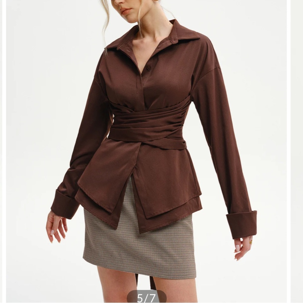 Long-Sleeve Wrap-Waist Back-Bow Shirt